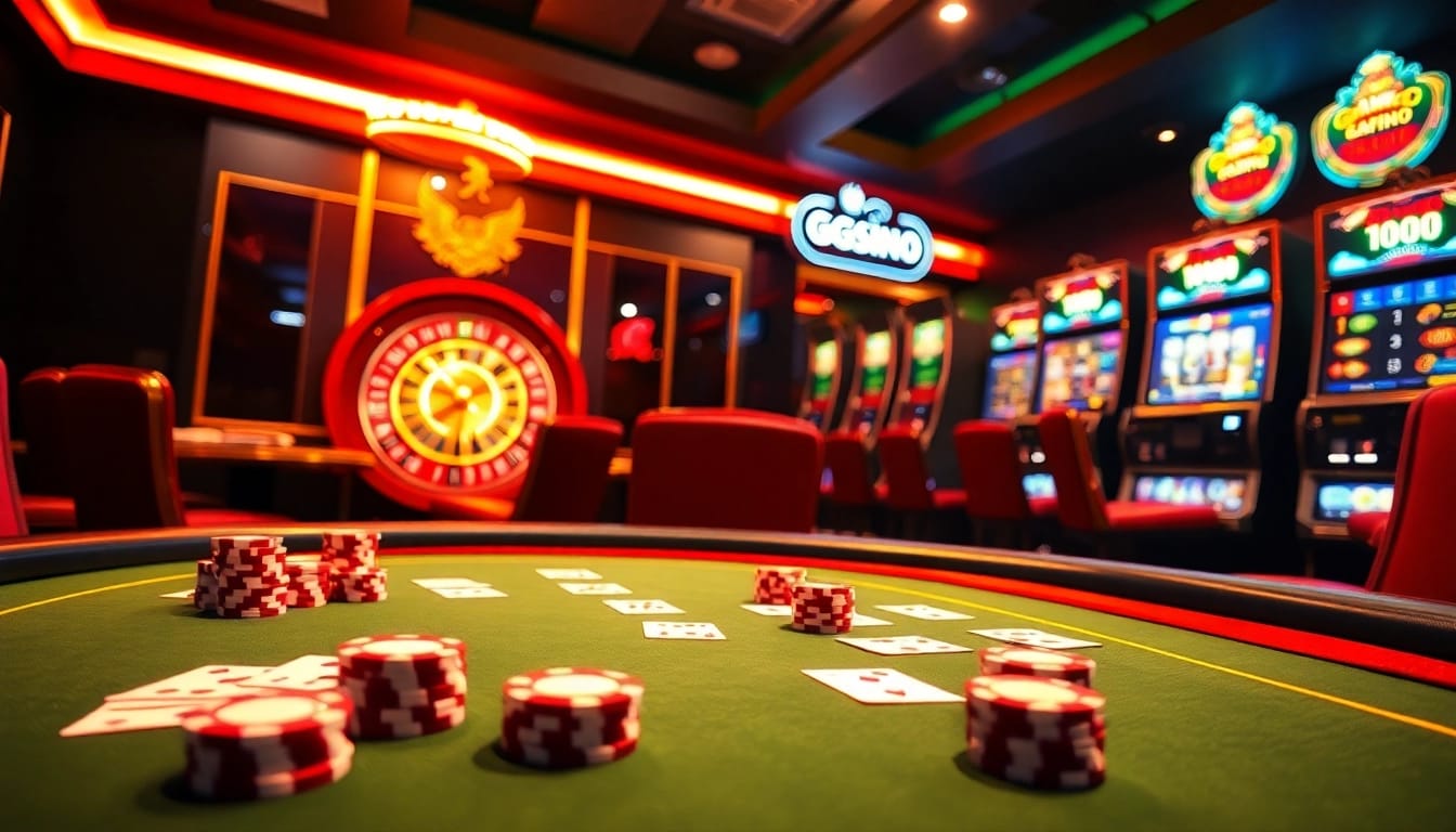 Experience the excitement of GG88 as players engage at a luxurious poker table in a vibrant casino scene.