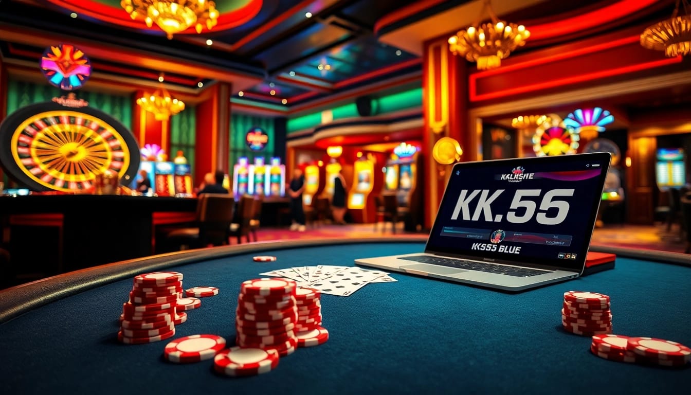 Engage thrilling casino action with KK55.blue showcasing poker chips and a roulette wheel.