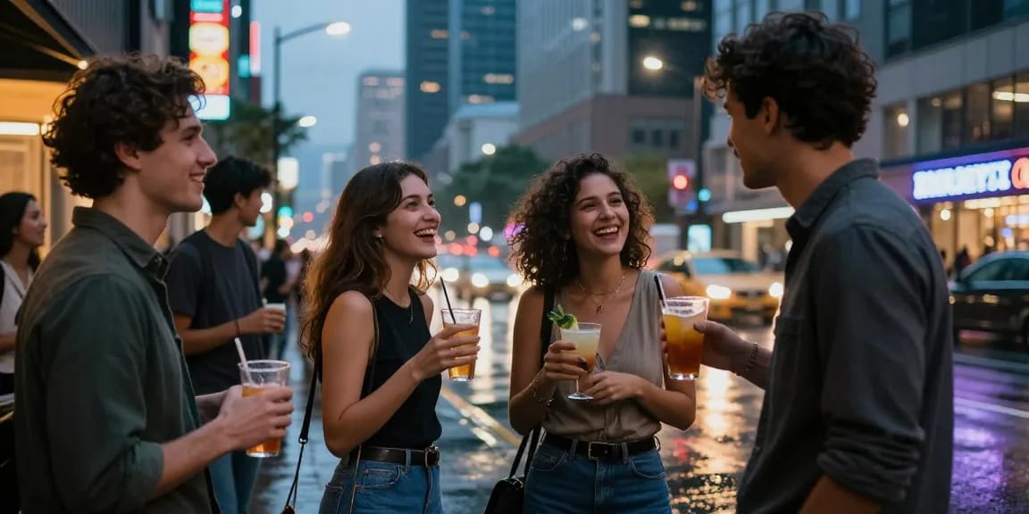 Gái gọi vui vẻ trong không gian thành phố sôi động, hòa mình vào cuộc sống về đêm.