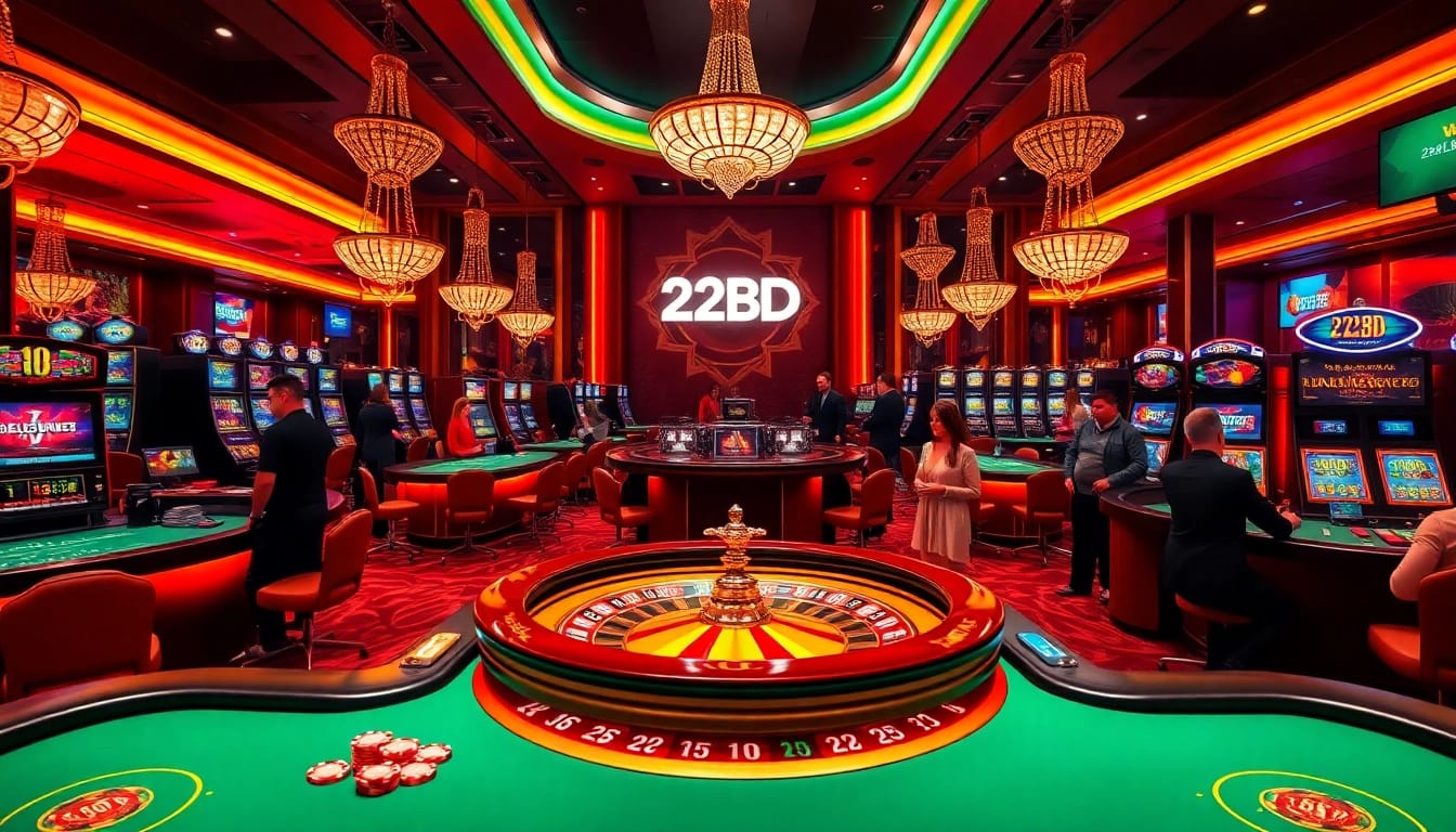Experience the thrill of 222BD's casino gaming with vibrant tables, colorful slot machines, and stylish players.