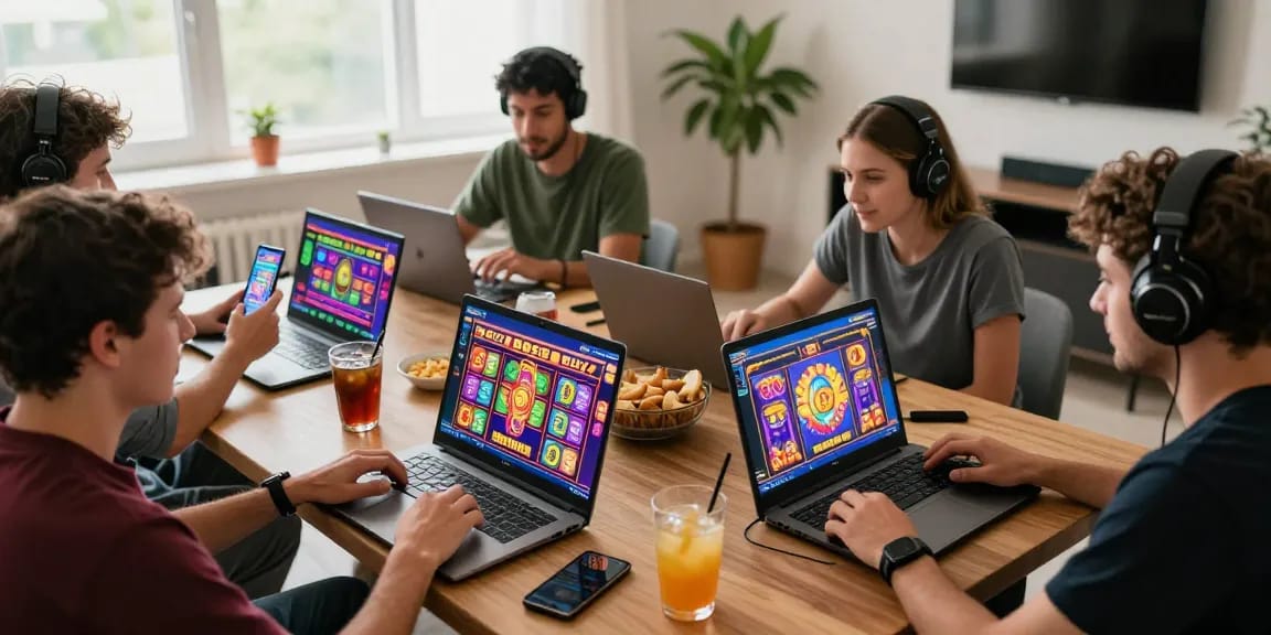 Exciting group of friends enjoying Bonus Buy slots at https://eliotsociety.org.uk/ in a cozy gaming environment