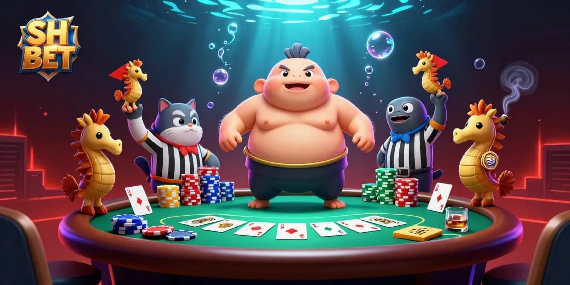 Join the vibrant SH BET animated underwater casino scene featuring a sumo fugu and catfish referee.