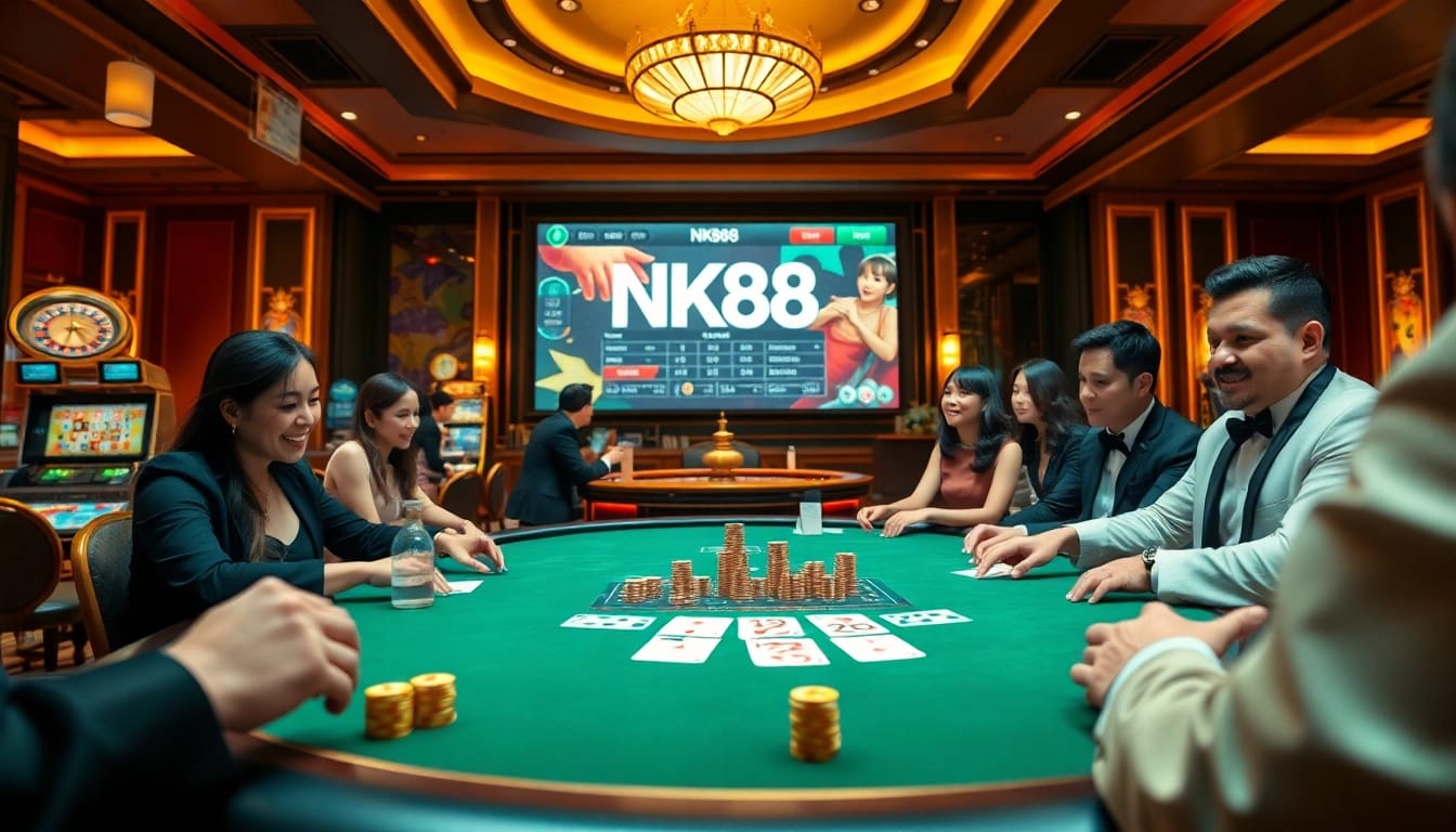 Casino scene showcasing excitement with players enjoying games on Trang chủ NK88 platform, poker chips and cards visible.