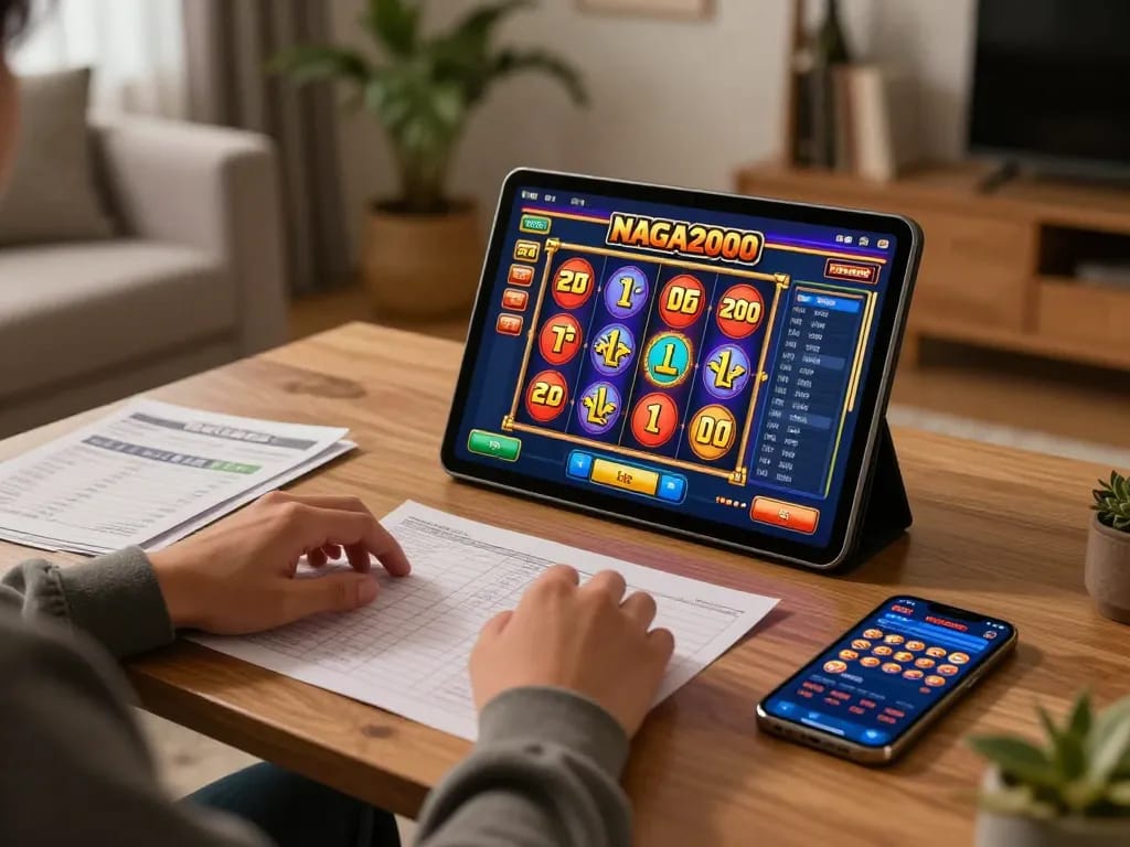 NAGA2000 player enjoying slot games on a tablet at home with money management notes.