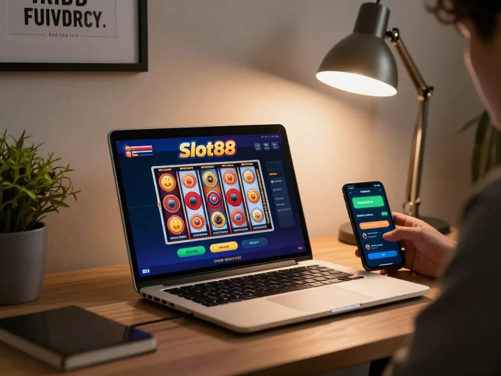 Engaging Slot88 online gameplay setup with laptop and smartphone showcasing vibrant slots for strategic gaming.