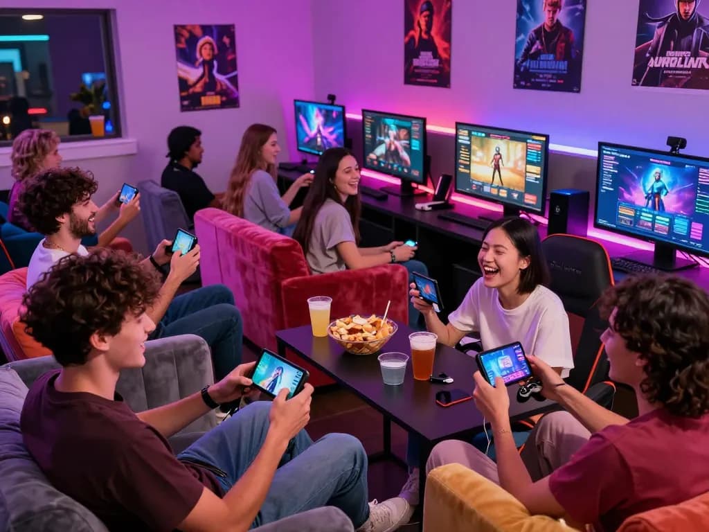Players enjoying a porngame in a vibrant gaming lounge with interactive experiences.