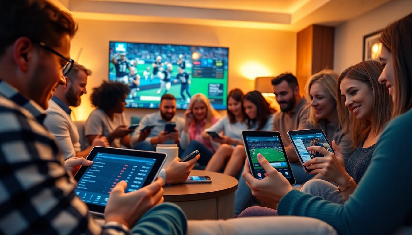 Engaged individuals participating in online Betting using devices in a cozy environment.
