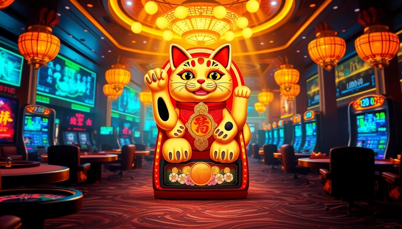 Players enjoying the Lucky Neko PG Soft รีลขยาย slot machine at an upscale casino, highlighting vibrant reels and lucky symbols.