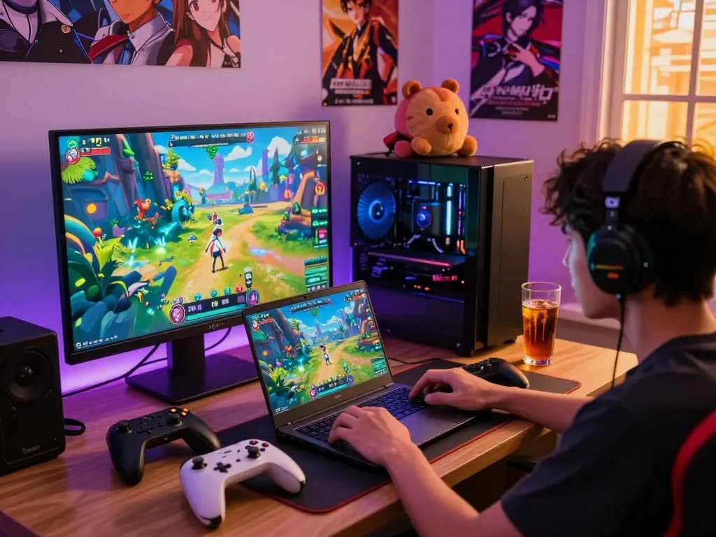 Engaged player exploring free porn games on laptop with vibrant graphics and gaming accessories.