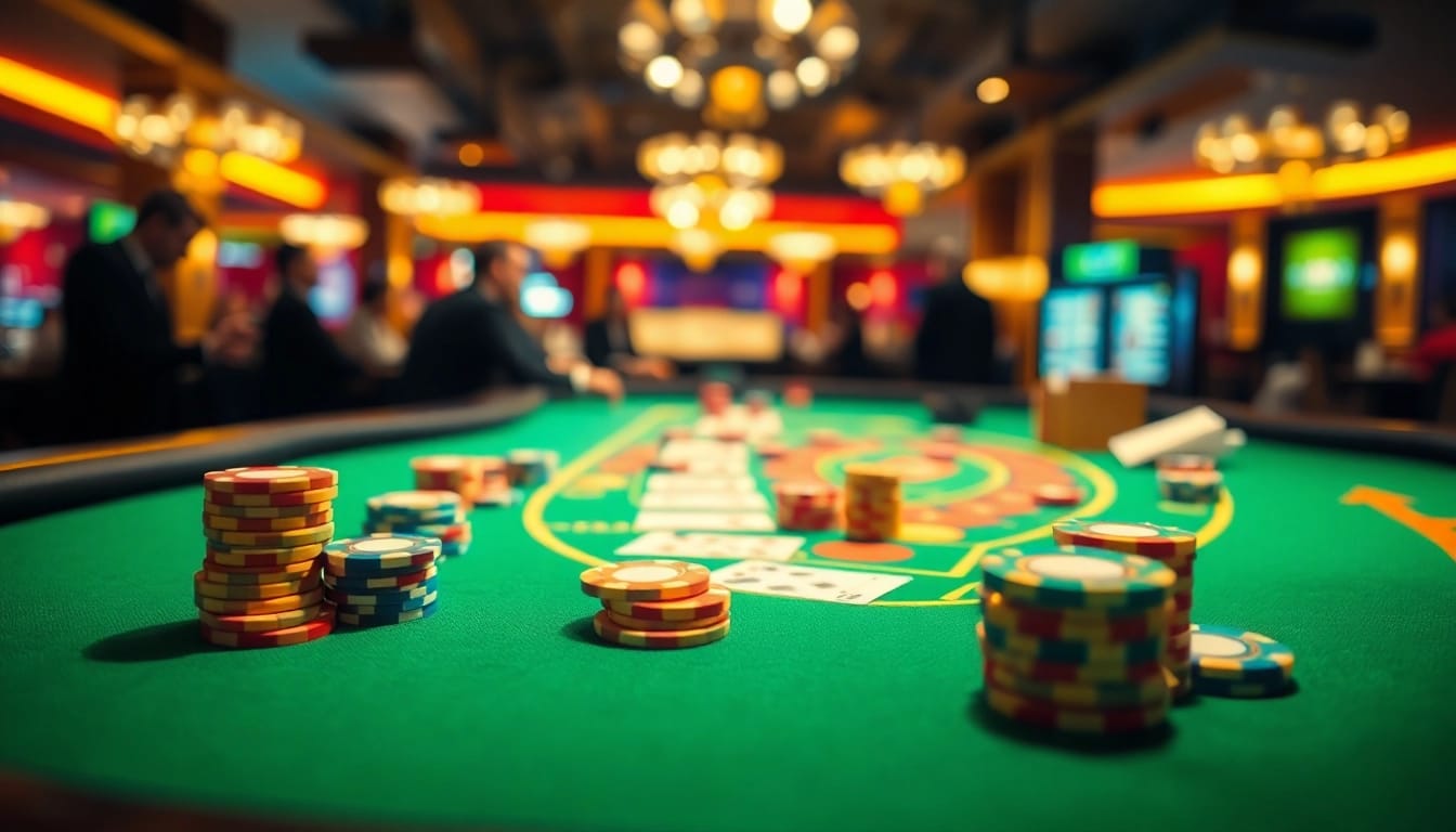 Engaging scene of a Blackjack Casino table filled with colorful chips and cards.