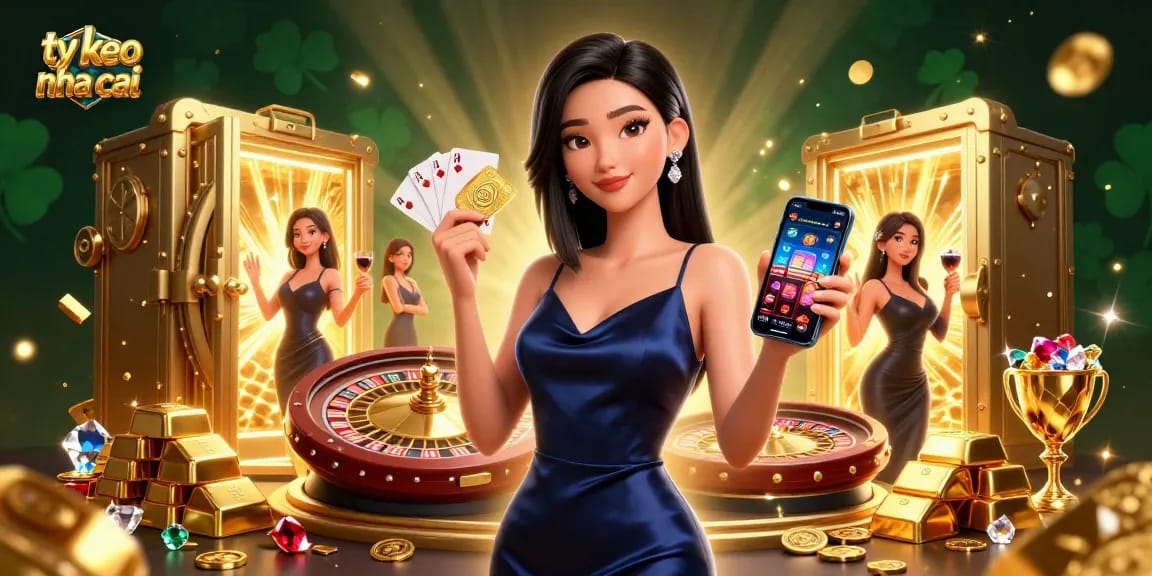Bet on ty le keo nha cai with a stunning Asian woman showcasing a smartphone in a vibrant casino setting.