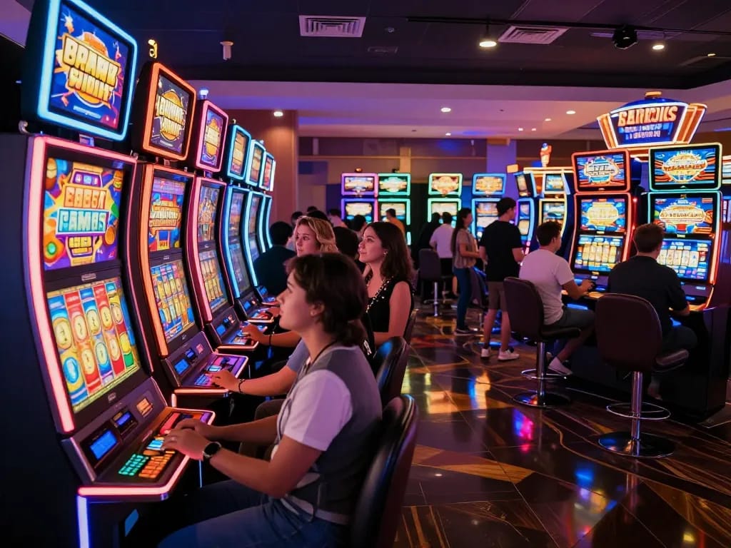 Players enjoying vibrant slot machines at LuckyIndex casino, capturing the excitement of gaming
