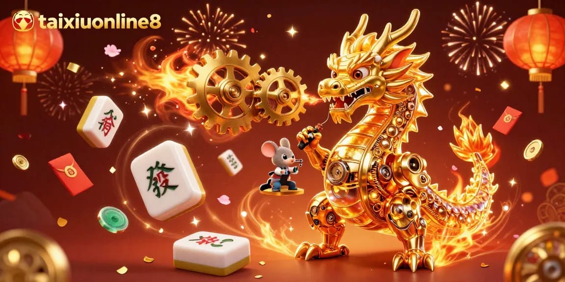 Experience thrilling gameplay at taixiuonline8 with a vibrant 3D illustration of a golden dragon and casino elements.