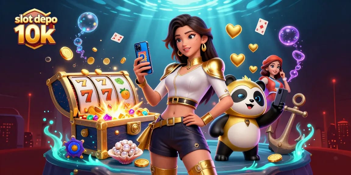 Engage with slot depo 10k gaming excitement while an elegant woman holds a casino game on her smartphone with a cheerful panda.