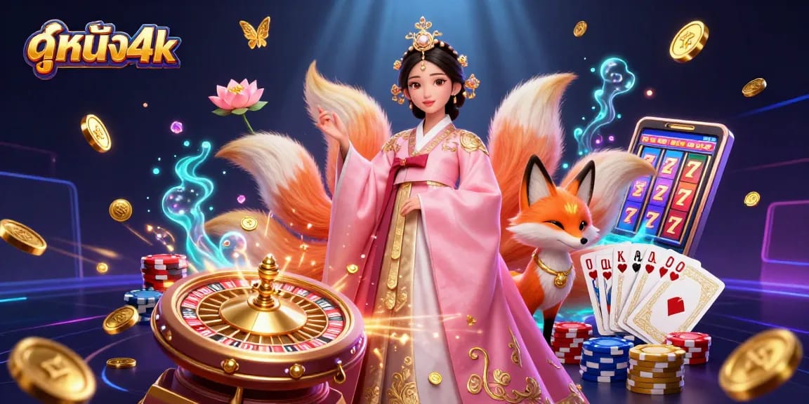 Engage with ดูหนัง4k in a vibrant casino scene with Asian woman and lucky fox surrounded by thematic gaming elements.