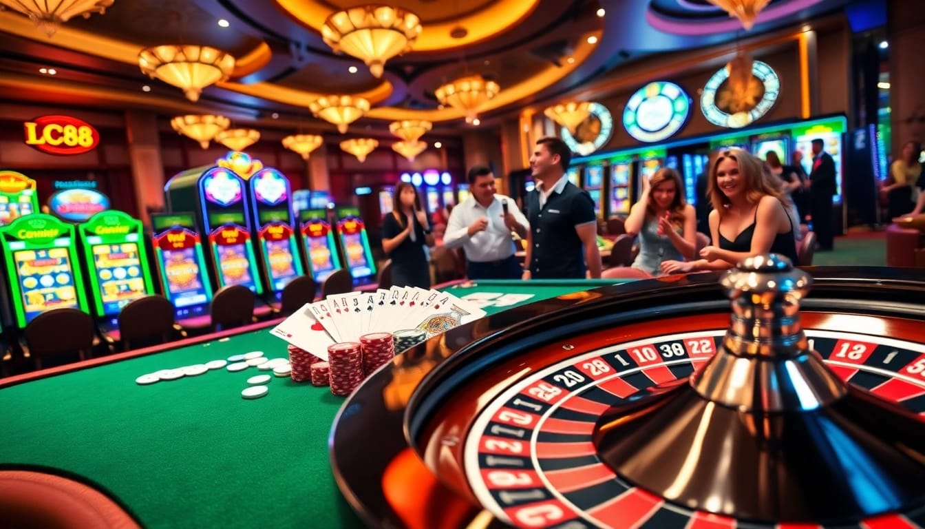 LC88's vibrant casino gaming table featuring poker chips and cards in an exciting environment.