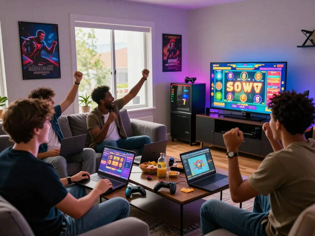 Group of friends enjoying link gacor slots in a vibrant gaming room.
