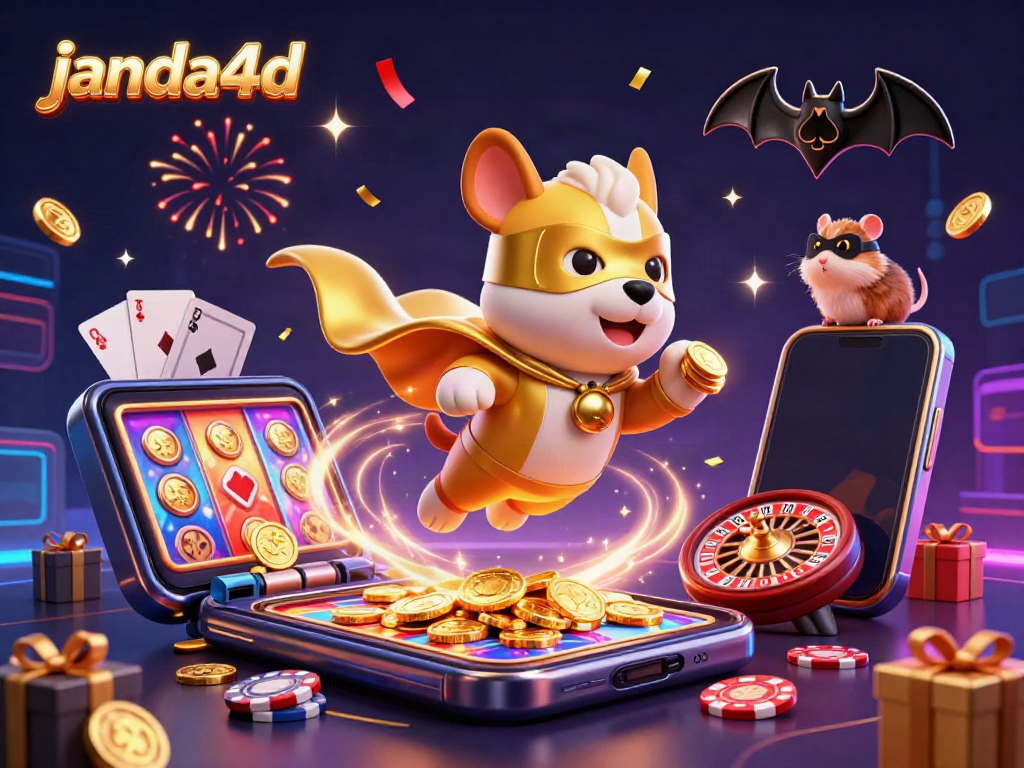 JANDA4D menghadirkan keseruan dengan ilustrasi slot dan koin emas yang berterbangan.