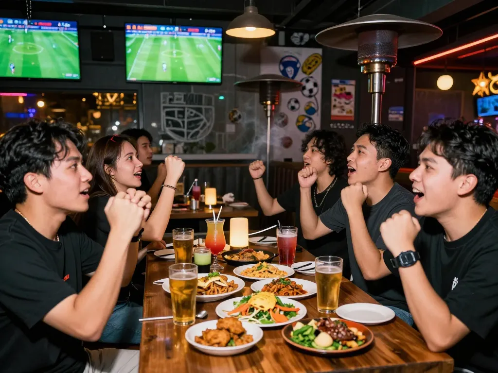 Group enjoying live football at a vibrant bar, showcasing excitement with bong99.