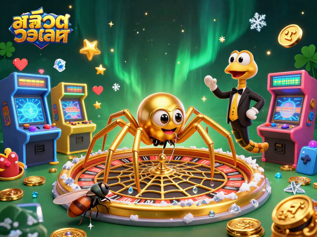 Play สล็อตวอเลท with a vibrant illustration of a golden spider and colorful game elements.