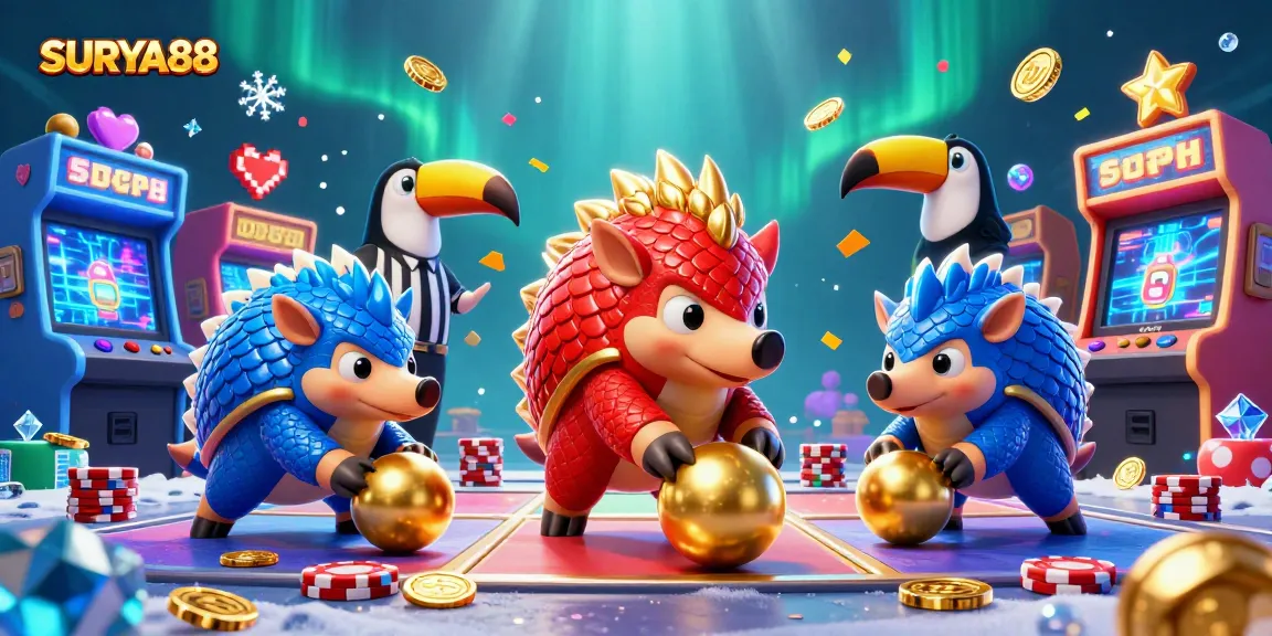 SURYA88 showcases a lively match between rival pangolins in a vibrant casino setting, engaging in a game of skill.