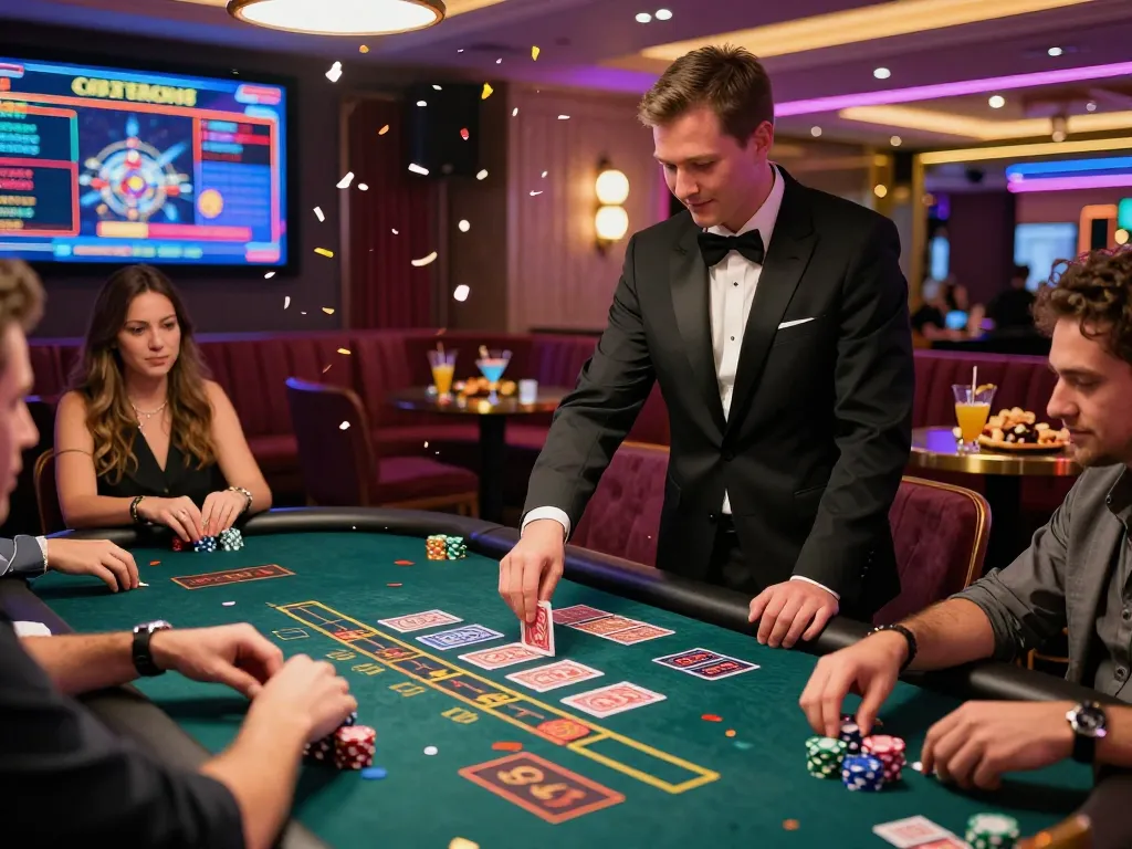 Bong99 live casino experience with players celebrating at a gaming table amidst vibrant lighting and luxury decor