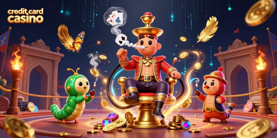 Experience a vibrant credit card casino scene with a whimsical caterpillar blowing poker hand smoke.