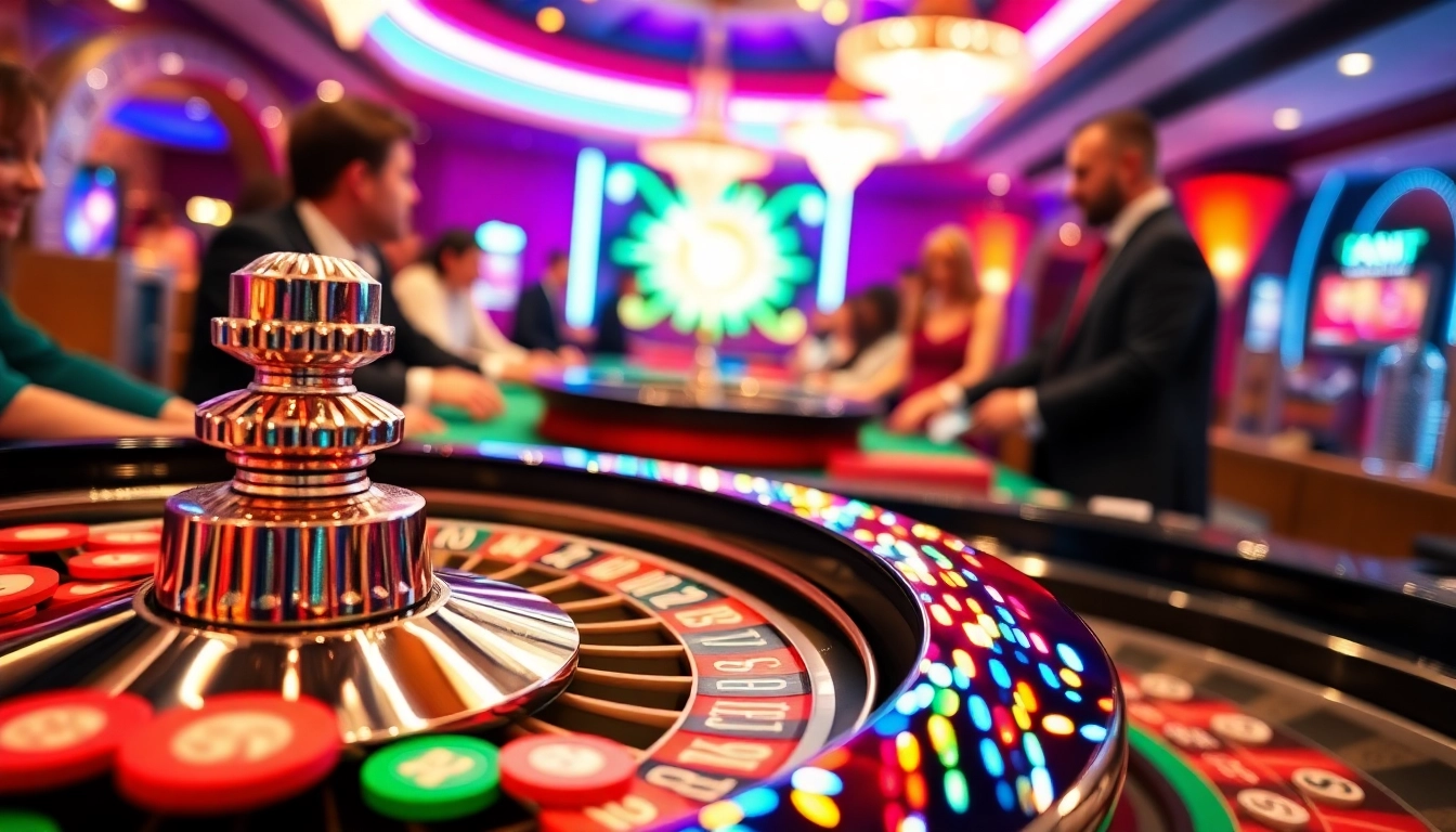 Engaging scene at a casino showcasing players at a roulette table with colorful chips.