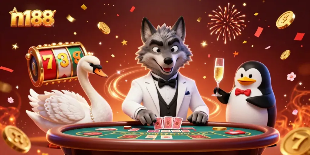 Experience thrilling moments with n188 as a debonair wolf and elegant characters engage in a vibrant casino scene.
