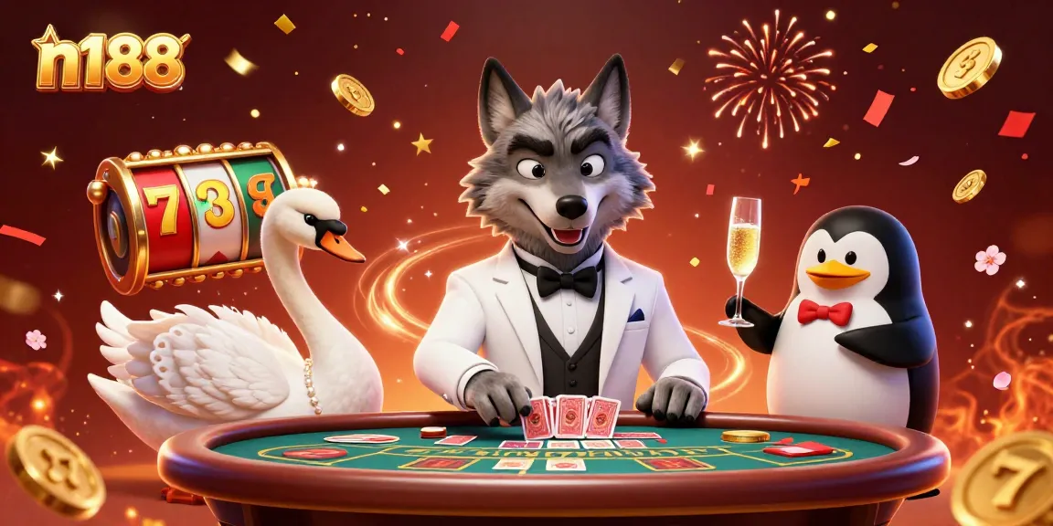 Experience thrilling moments with n188 as a debonair wolf and elegant characters engage in a vibrant casino scene.
