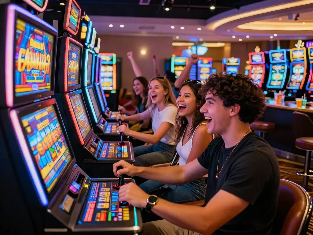 Teman-teman merayakan kemenangan di mesin toto slot yang berwarna-warni di kasino, suasana ceria dan ramai.