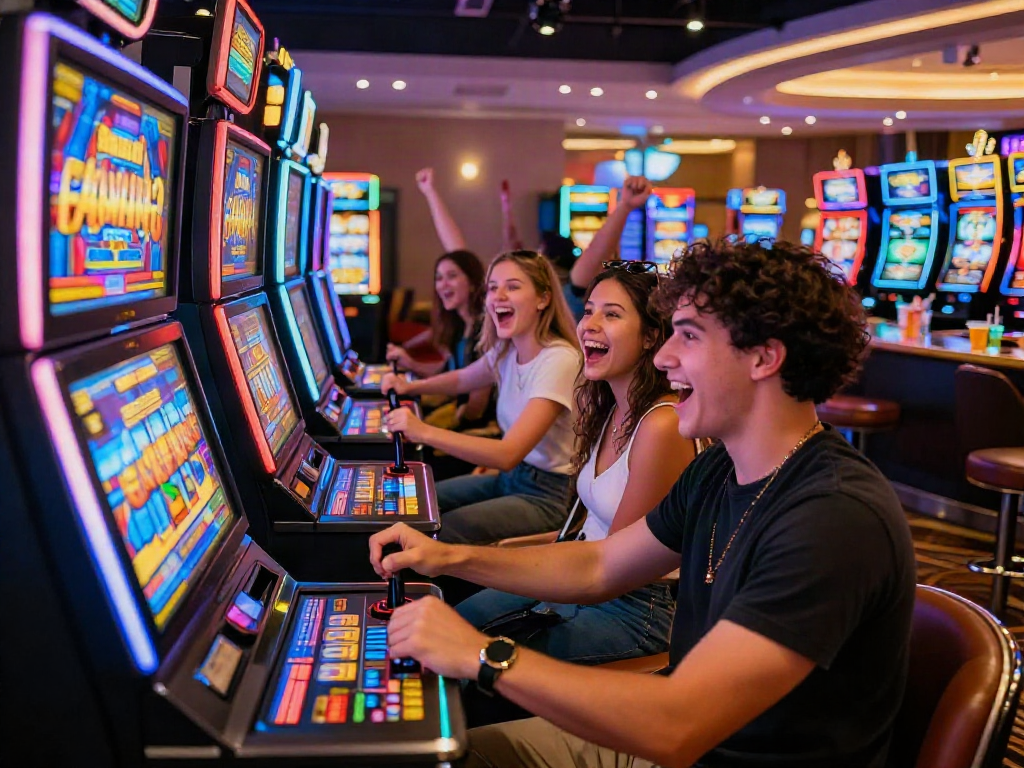 Teman-teman merayakan kemenangan di mesin toto slot yang berwarna-warni di kasino, suasana ceria dan ramai.