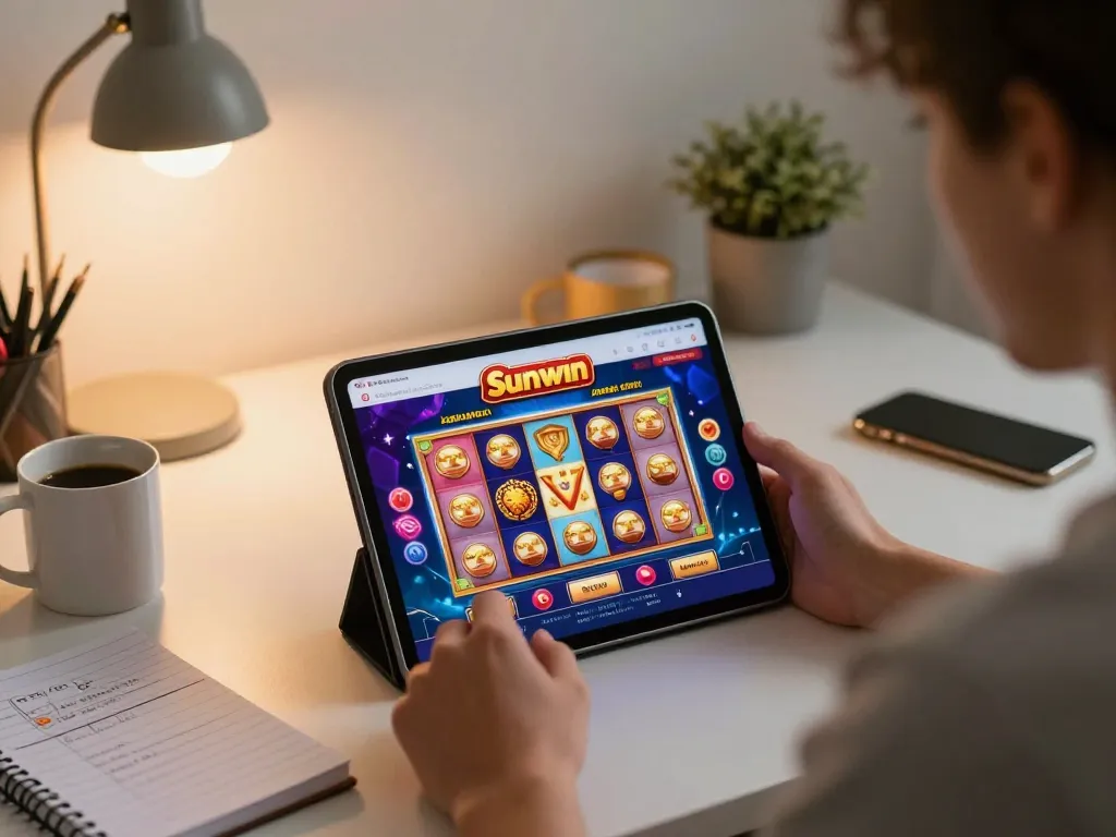 Player enjoying Sunwin online casino on tablet at cozy home desk with strategy notes visible.