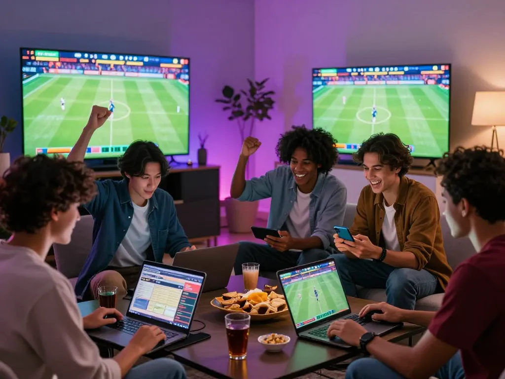 Friends engaging in live betting experience link vào onbet in a vibrant living room setting with screens and snacks.