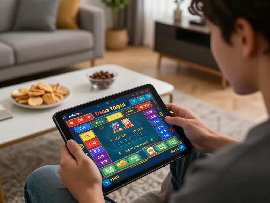 Dewa togel player placing bets on tablet in a cozy home setting, emphasizing online gambling strategy.