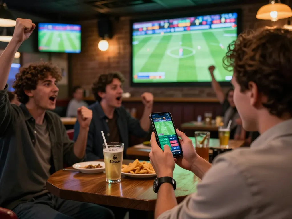 Placing bets on tỷ lệ bóng đá nhà cái using a mobile app during a thrilling live sports event.
