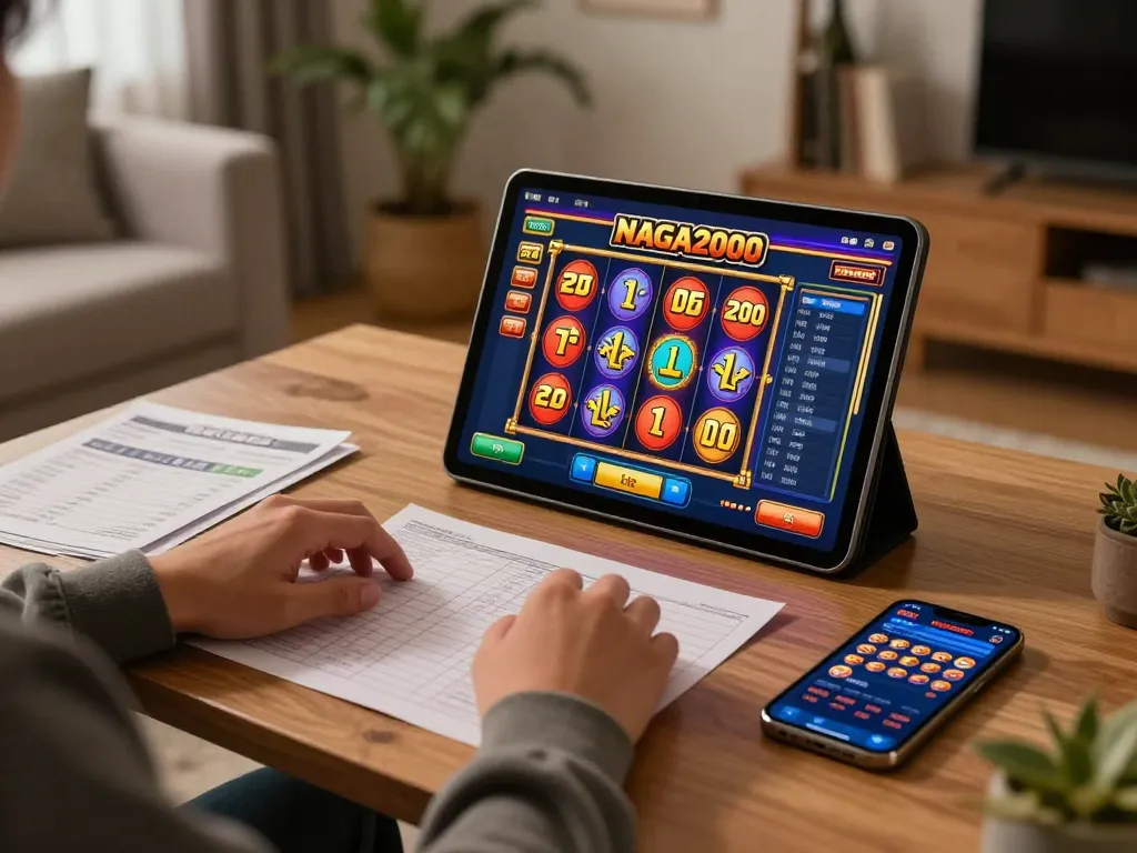 NAGA2000 player enjoying slot games on a tablet at home with money management notes.