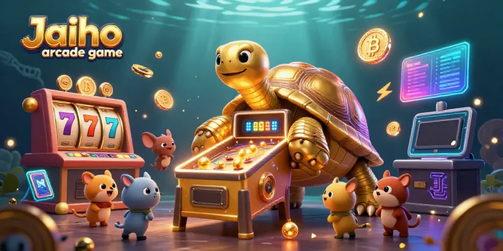 Experience the excitement of Jaiho arcade game with a golden tortoise pinball machine in a vibrant casino scene.