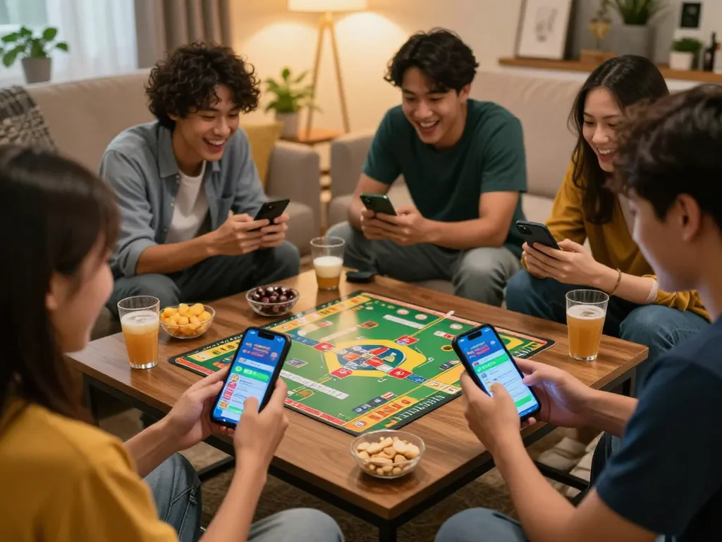Sahabat menikmati permainan toto togel bersama dalam suasana yang nyaman, menggunakan smartphone untuk hasil.