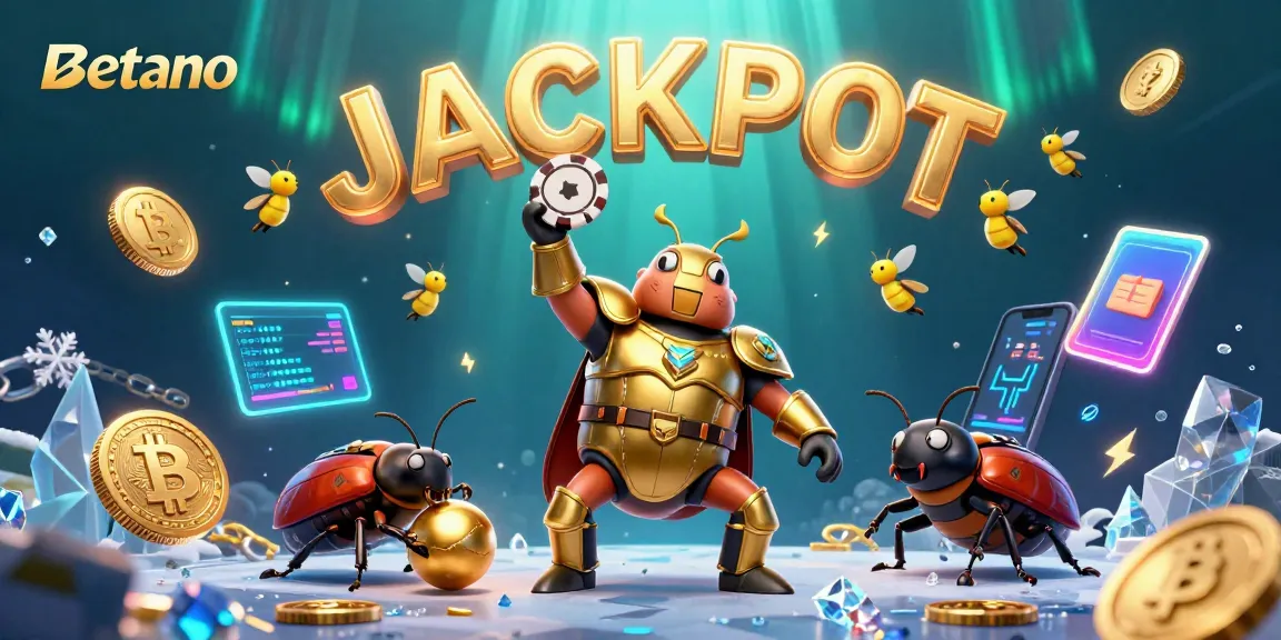 Betano's exciting gameplay depicted with a victorious beetle and neon crypto coins in a vibrant illustration.