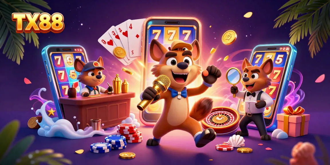 Enjoy thrilling moments at TX88's casino with lively hyenas in a bustling comedy club.