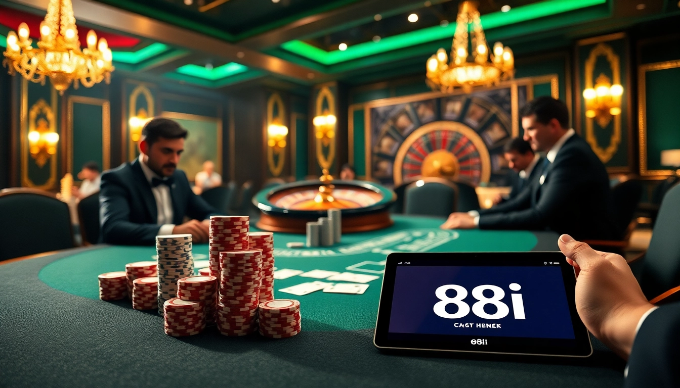 Players at the 88i poker table engage in high-stakes bets with vibrant chips and cards.