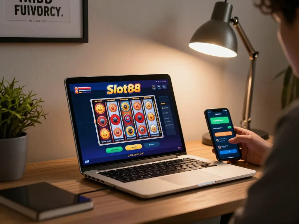 Engaging Slot88 online gameplay setup with laptop and smartphone showcasing vibrant slots for strategic gaming.