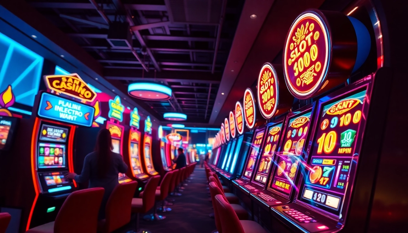 Exciting online gambling scene showcasing doaslot with colorful slot machines and players engaged in gameplay.