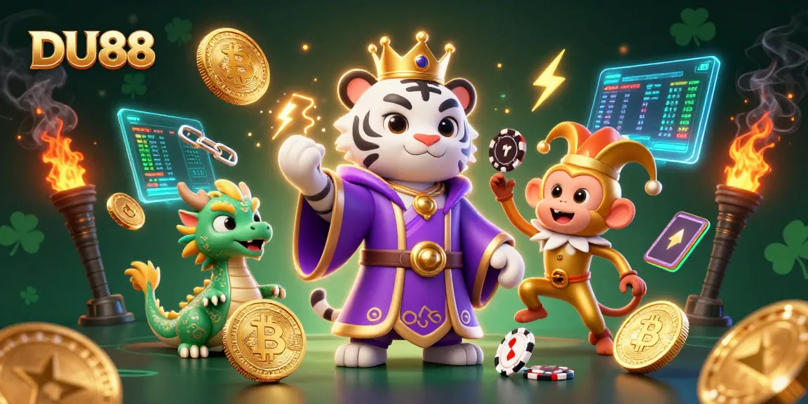 Experience the excitement of DU88 with a vibrant casino scene featuring poker chips and cryptocurrency elements.