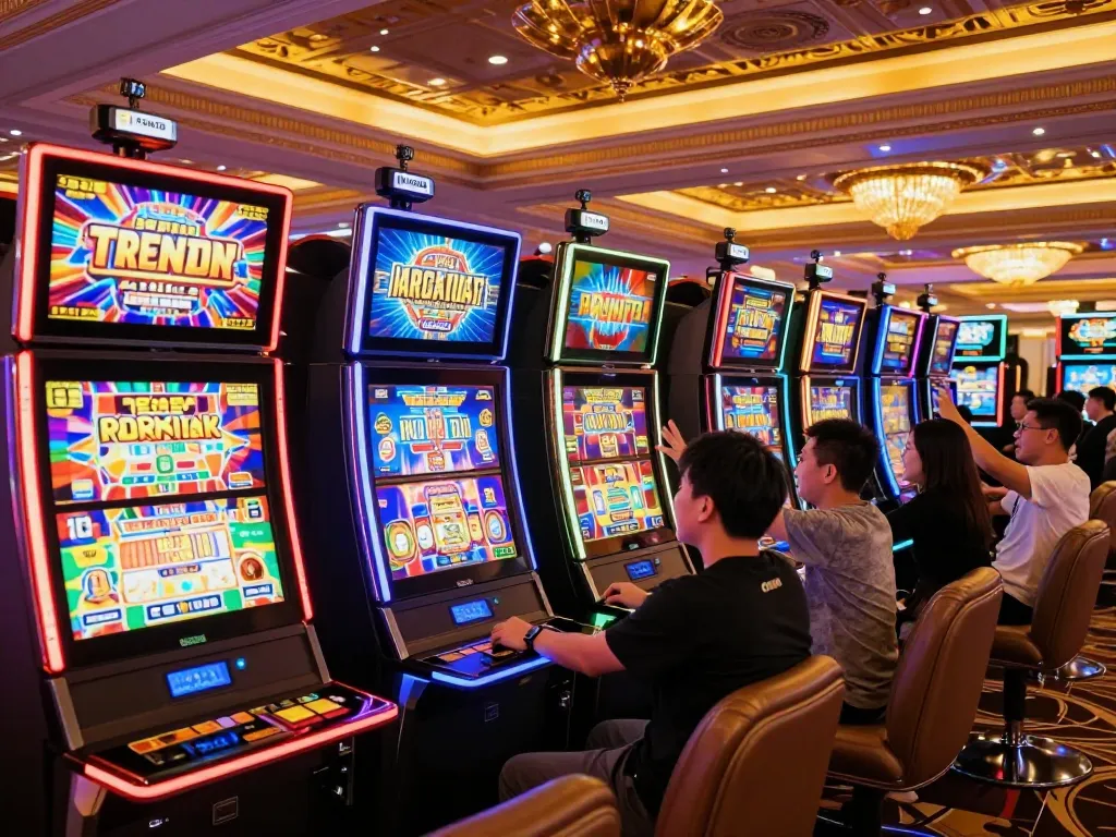 Players celebrating wins at colorful slot online machines in an upscale casino environment