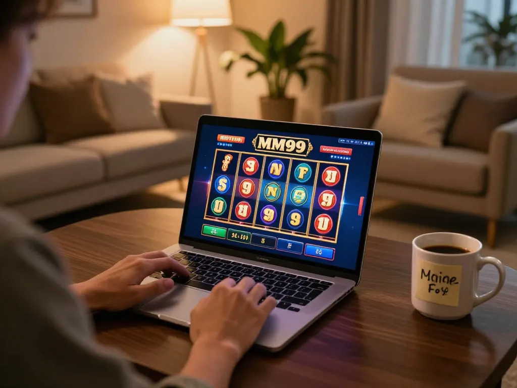 Engaging online player spinning the reels on MM99 Slot during a cozy home gaming session.