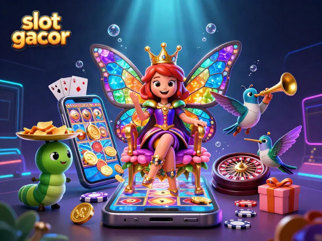 Mengguncang mesin slot gacor, ilustrasi kartun 3D penuh warna dengan simbol jackpot dan koin emas