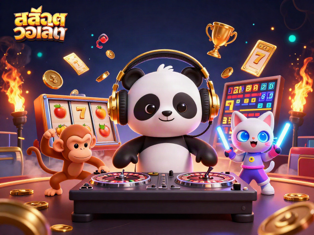Engage with สล็อตวอเลท in this vibrant 3D casino scene featuring a DJ panda and breakdancing monkey.