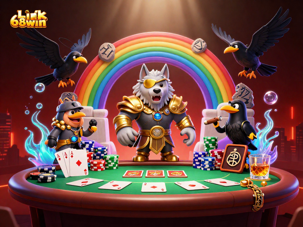 Link 68win showcases an exciting casino scene with Odin, casino chips, and glowing runes.